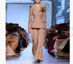 Luxury Light Pink Embroidered Beading Blazer Set 3d Flower Applique Long Sleeve Jacket and Wide Leg Pants Formal Suits for Women