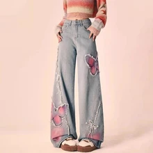 Washed Pink Butterfly Appliqued Jeans Ladies Ripped Cut Raw Edgy Women's Jean Pants Embroidery Distressed Baggy Jeans Woman