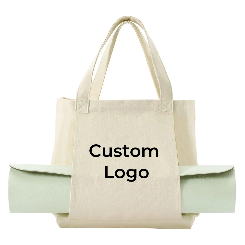 China Factory Custom Cartoon Pattern Eco-Friendly Durable Cotton Canvas Yoga Tote Bag with Custom Logo and Beach Shoulder Strap