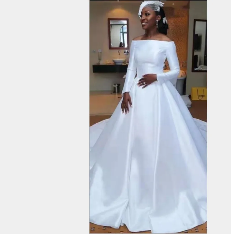 African Women Plus Size Vestidos De Novia Boat Neck Long Sleeves Satin  Bridal Gown Wedding Dresses - Buy Wedding Dresses,Wedding Dress Bridal  Gown,Elegant Wedding Dress Product on 