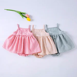 Summer Newborn Jumpsuit Casual Plaid Romper Dress for Baby Girls with O-Neck Collar and Pattern Decoration Clothes for Kids