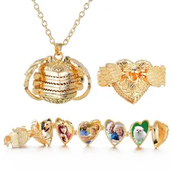 March Expo European Angel Wing Expanding Photo Locket Necklace Love Heart Floating Living Memory Photo Locket Family Necklace
