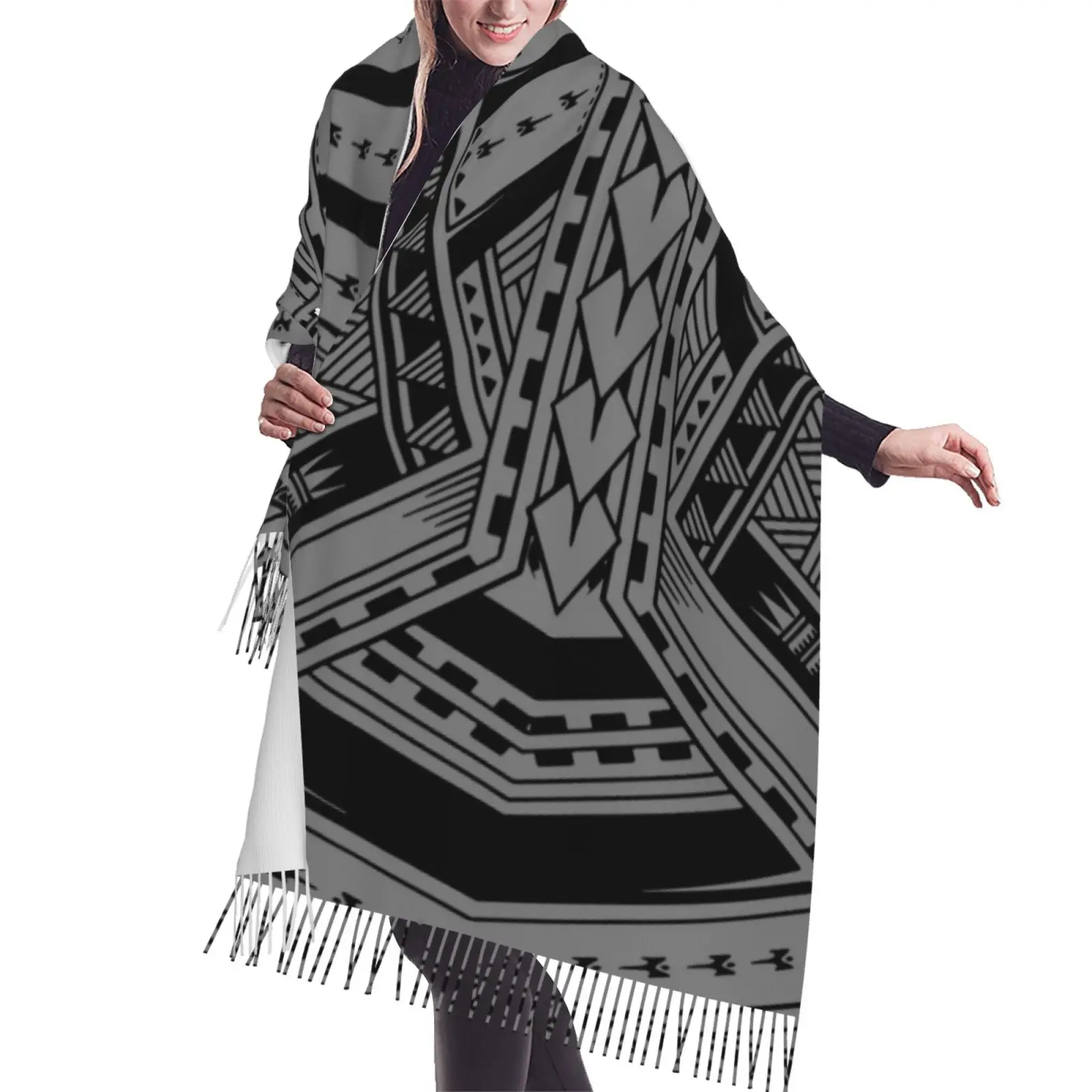 High Quality Customized Warm Winter Pashmina Shawl Scarf With Tassel Blue Polynesian Samoa Tribal Design Poncho Shawl Scarf_voghion.com