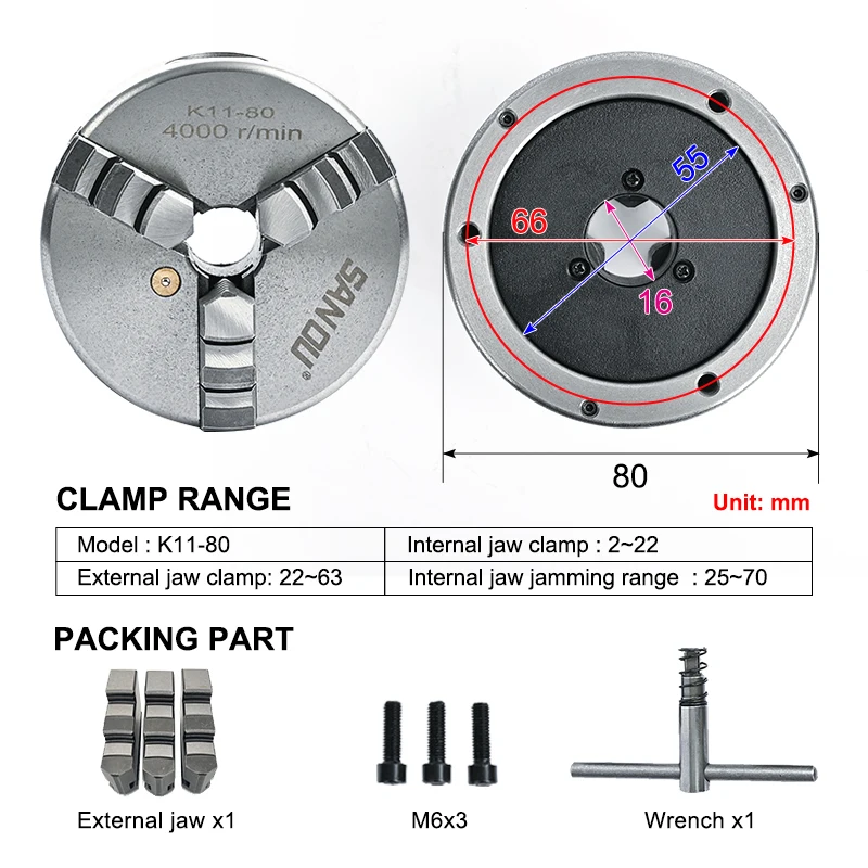 Eujgoov 3 Inch K11-80 3-Jaw Self Centering Chuck Metal Lathe Chuck With Extra Jaws Turning Machine Accessory