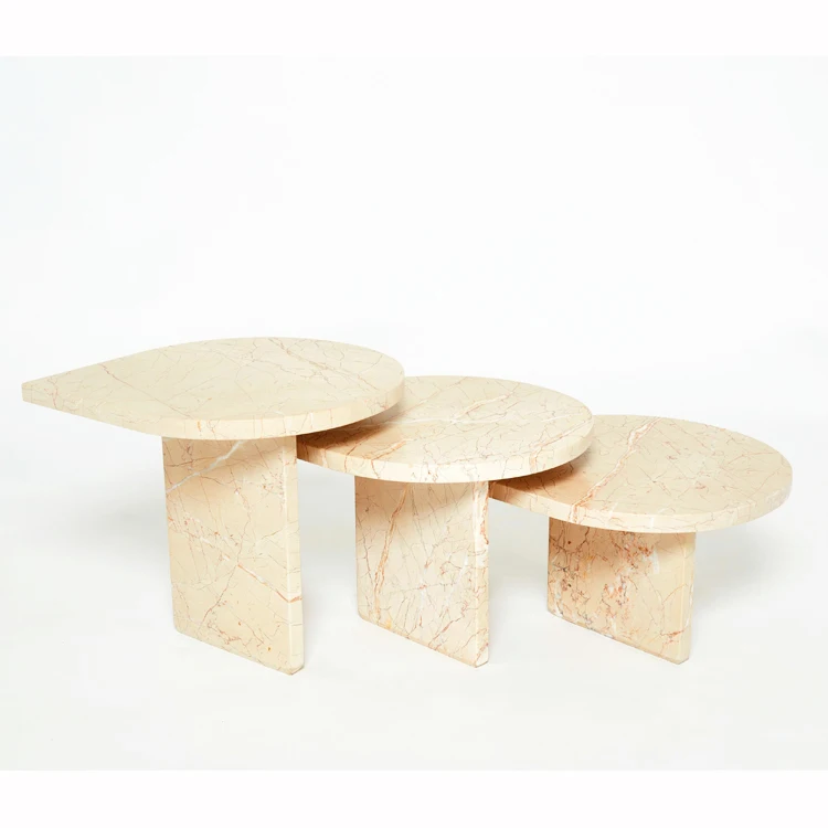 Fluted Table Small Rectangular 3 Piece Coffee Table Set Beige Color Home Decoration Luxury Modern Coffee Table