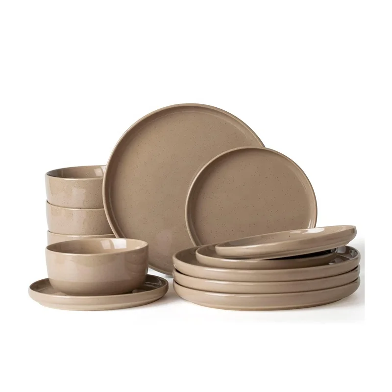 Ceramic Dinner Set Multicolor Glazed Plates Sets Dinnerware with Speckled Dots Brown Rim