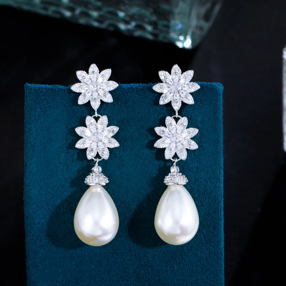 【STONEHENgE】Silver Material Pearl Cubic Flower Earrings Amazon.com: Blooming Flower Drop Cubic Zirconia Big Round