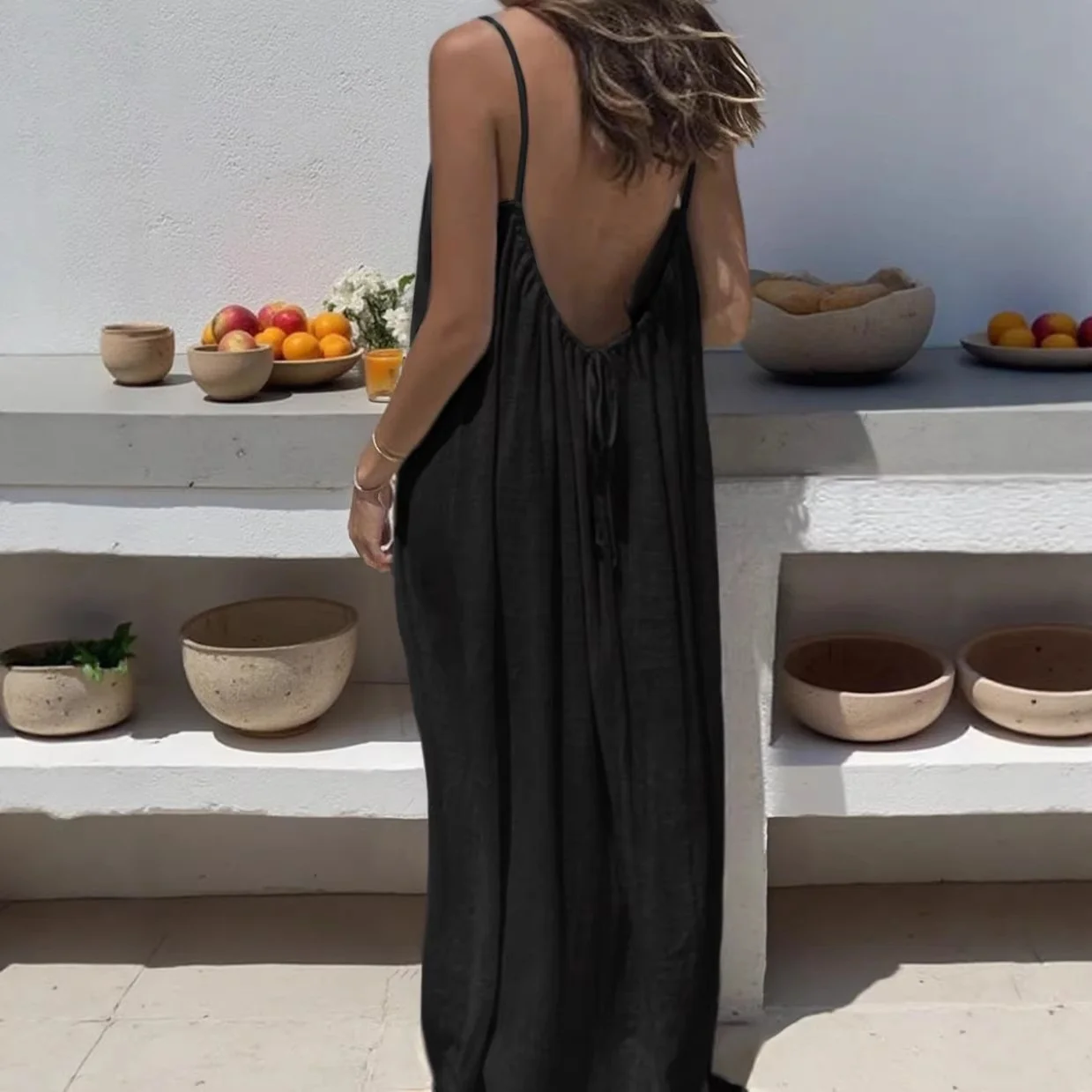 2026 Cross-border New Womens Strap Loose Casual Summer Long Backless O-Neck Dress High-End Elegant Polyester Spandex Knitted