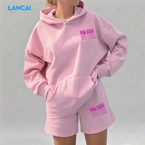 Cut and Sew Clothing Manufacturer Customized Women Private Label Cotton Fleece Puff Printing Hoodie and Shorts Set