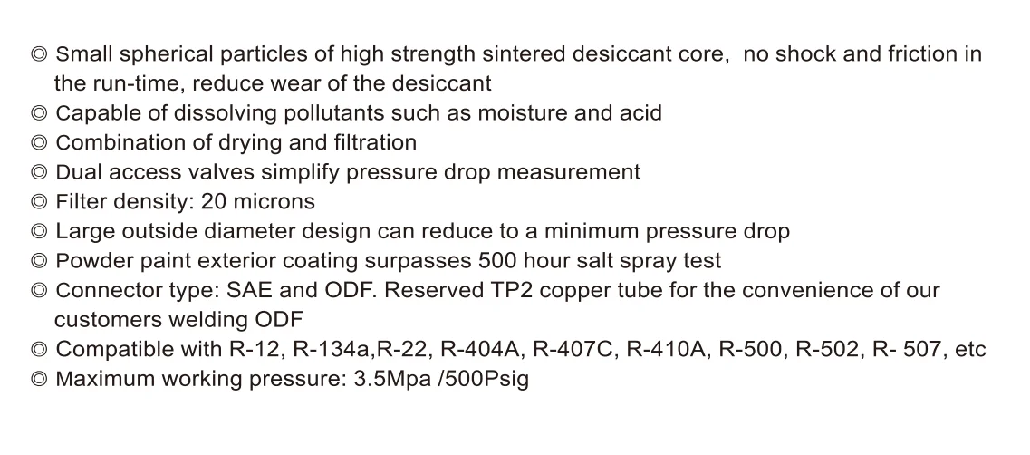 China Factory 1.11SFD Series Refrigeration Parts Solid Core Suction Line Filter Drier 1/2'' 3/8'' Liquid Line Filter Drier