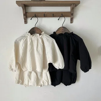 2025 Spring and Autumn INS Japanese Style Solid Color Casual Two-Piece Set for Baby Toddlers Cotton Linen Shirt Doll Collar Suit
