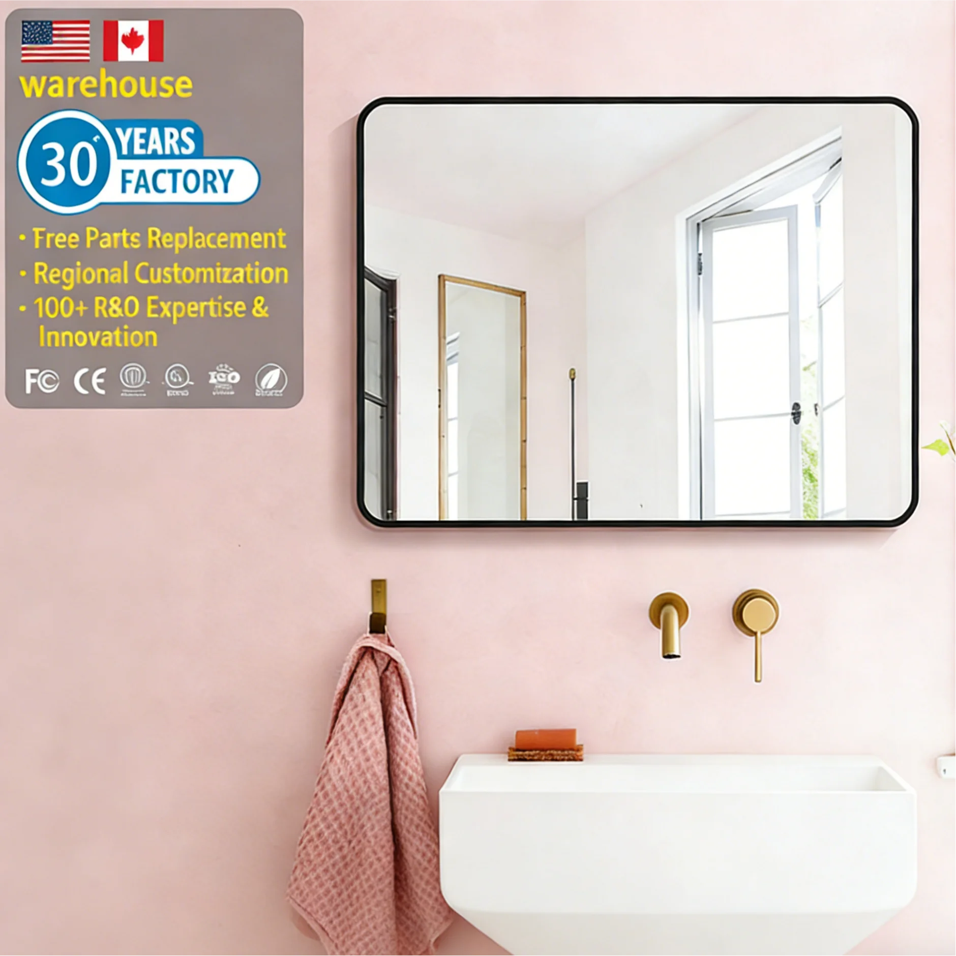 Wholesale Hotel  Home Decor Modern Gold Black Vanity Bath Decorative Wall Toilet Mirror Rectangular Framed Wall Mirror