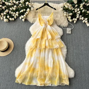 Hot Selling Summer Autumn French Casual Long Yellow Midi Elegant Sleeveless Hanging Dresses