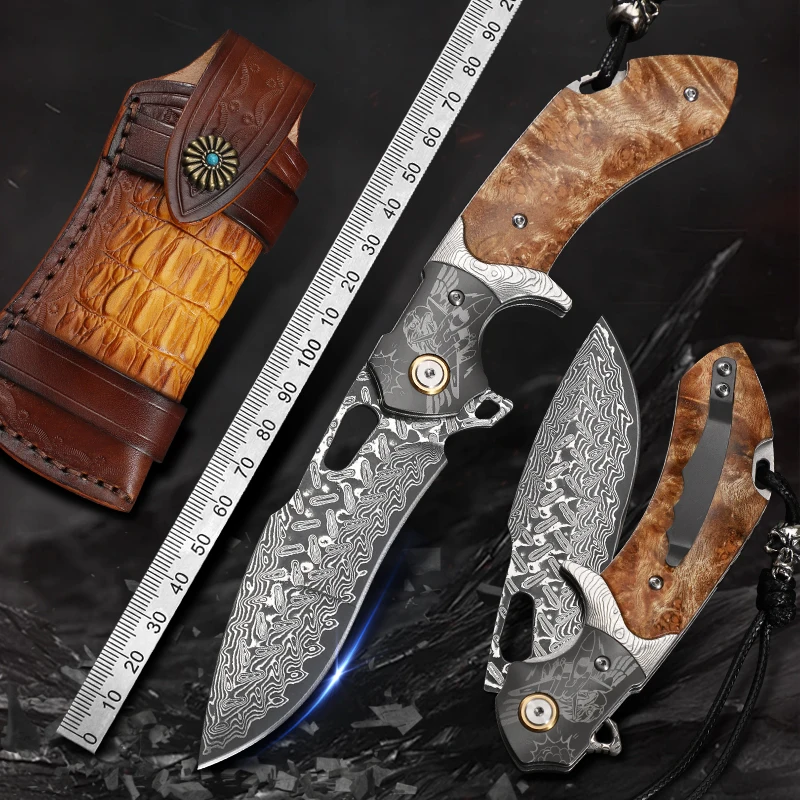 Flying Eagle-Navigator High Quality Damascus Folding Pocket Knife Sheath D2 Steel Blade Wood Handle Outdoor Use OEM