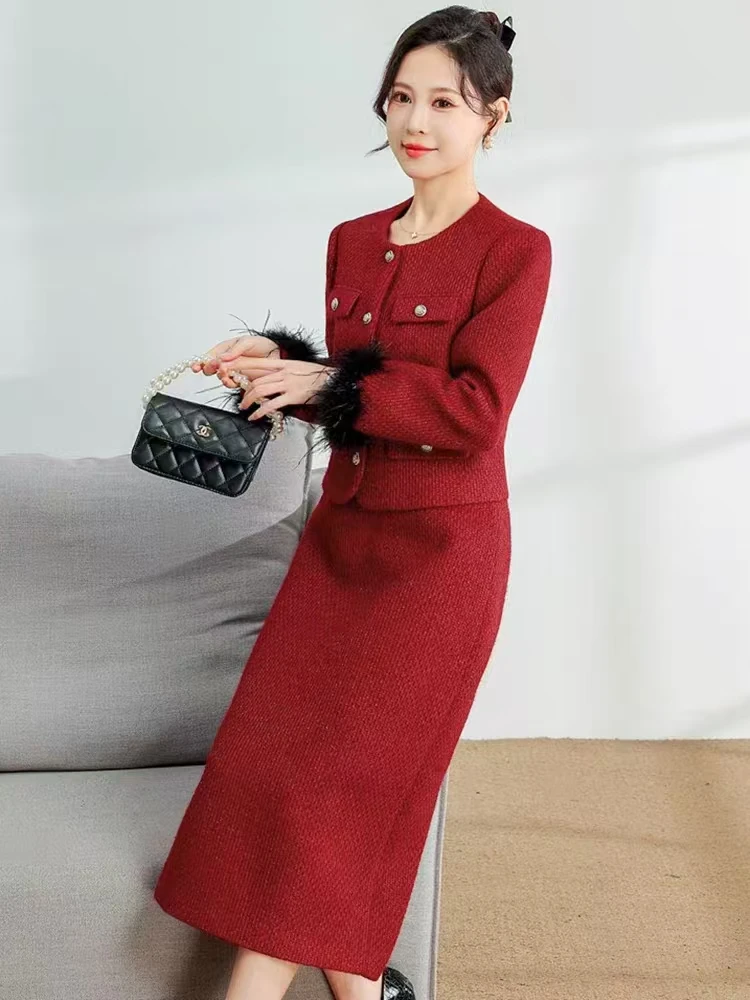 Women's New A-Line Two-Piece Plaid Dress for Autumn and Winter Lady Small Fragrant Wind Natural Waistline for Adults