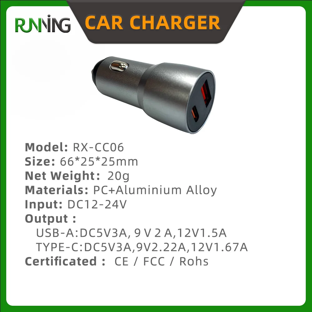 Universal PD 3.0 QC3.0 Aluminum Alloy Car Charger USB-C + USB-A Dual Fast Charging For Mobile Smart Watch Earphone & Camera_voghion.com