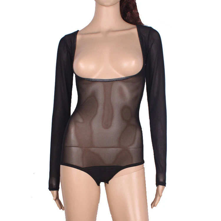 Sexy Transparent Mesh Jumpsuit Long Sleeve with Button Design Belly Dance Training Basic Blouses Top for Women