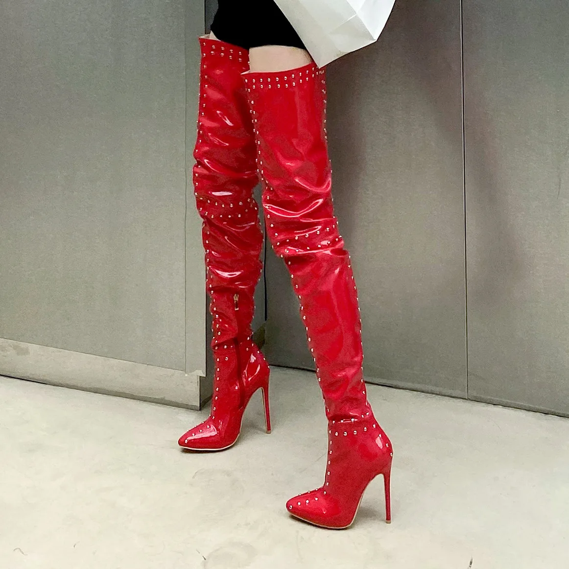 Pdep New Arrival White Thigh High Heels Rivets Pointed Toe Boots Wide Calf Long Boots Women 5853