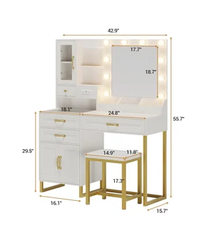 Makeup Vanity with mirror and light Charging station Makeup stool Vanity set with glass top storage drawer