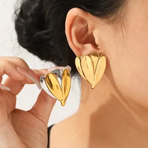 MW Design Women 18K Gold Stainless Steel Two-Tone Stud Earrings Large Glossy Heart Earrings Stainless Steel 18k Gold Plated