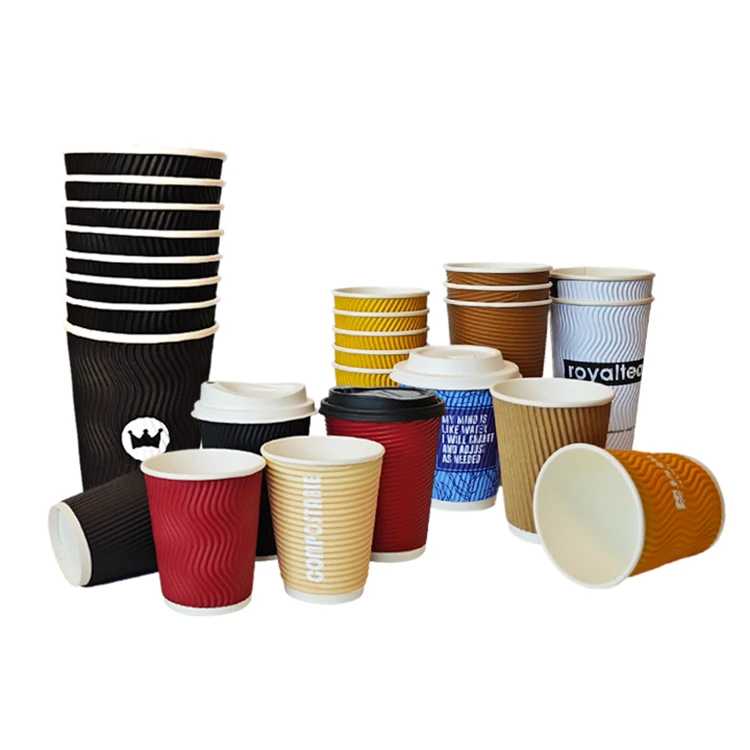4oz 8oz 12oz 16oz Biodegradable Embossed  Ripple Disposable Double Wall Custom Logo Hot Coffee Paper Cup With Lids for Drinks
