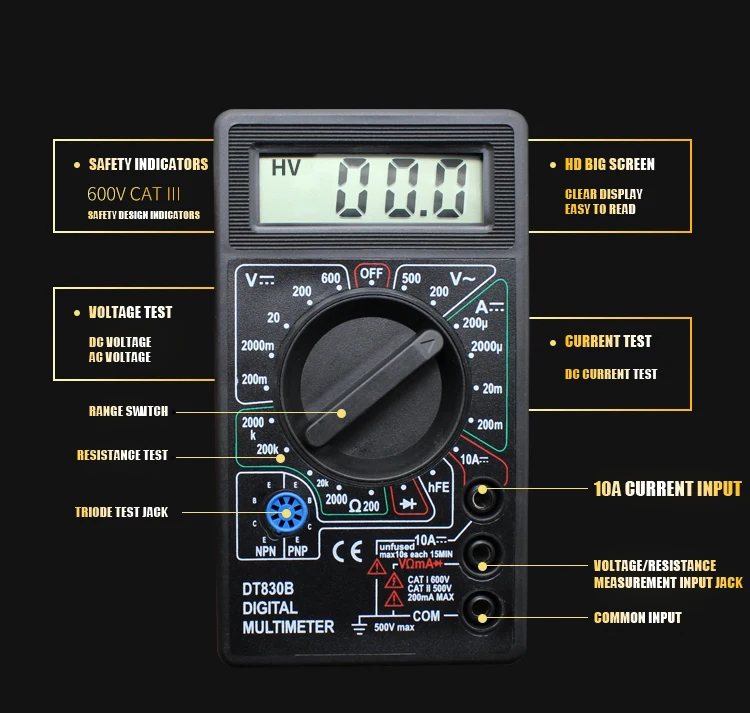 Handheld Lcd Display Meter Smart Dt-830b Dt830 Dc Ac Voltage Voltmeter ...