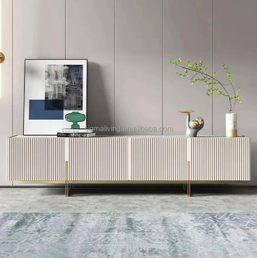 Living room console minimalist  stone top media console 4 doors 6 shelves TV stand