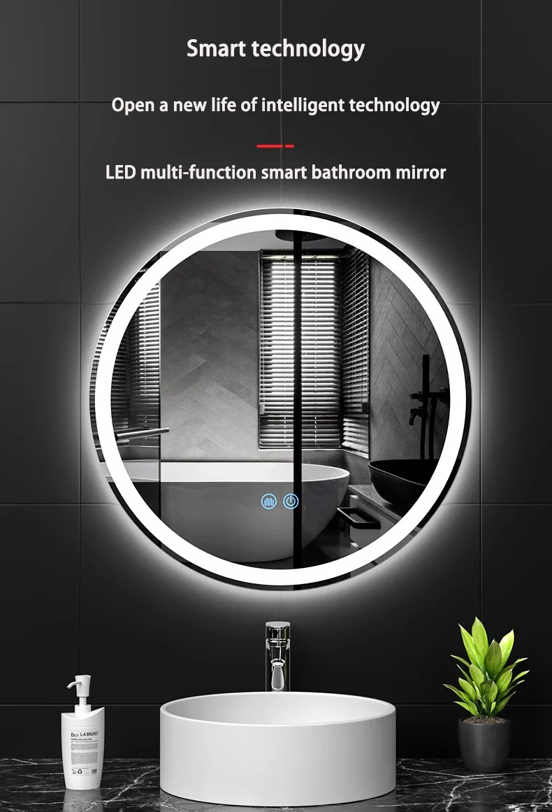 Touch Switch Round Smart Wall Mounted Mirror With Light Led Sensing ...