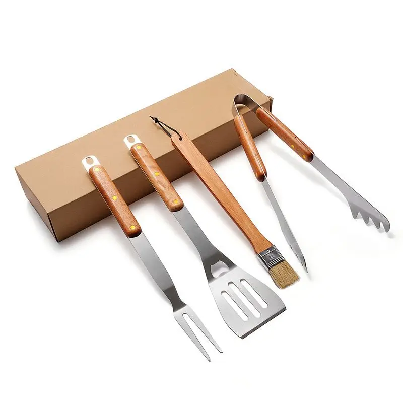 Vintage Wooden Handle Barbeque Tools Set Stainless Taiwan Fork