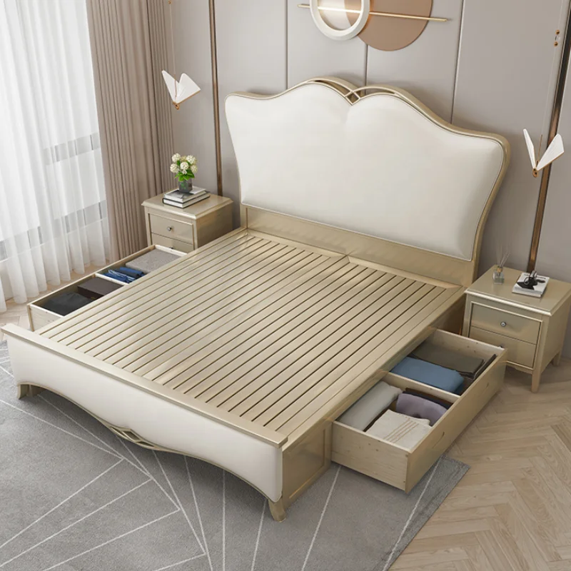 High Quality Elegant Modern Solid Wood and Leather Luxury House Adult Bedroom Furniture Set king Bed with Metal Leg