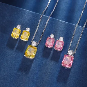 Luxury Fine Stainless Steel Jewelry Sets for Women Square Diamond Ice Cut Gemstone Pendant Earrings for Gift Featuring Zircon
