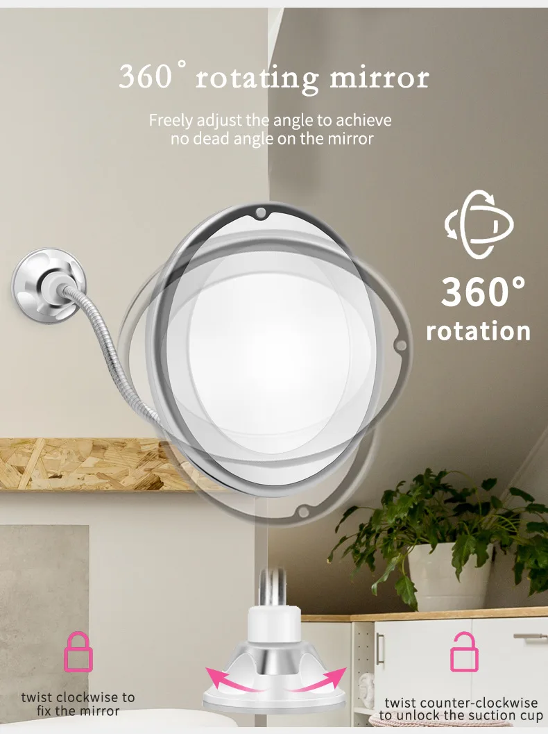 Plastic round flexible gooseneck magnifying Wall mounted make up shaving led bathroom mirror with LED light