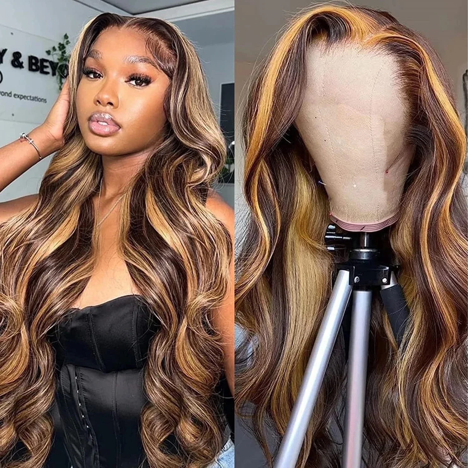Blond Kroppsvågig Lace Front Peruk Äkta Hår Slingor Limfri 360 Full Lace Frontal Peruker Dam_voghion.com