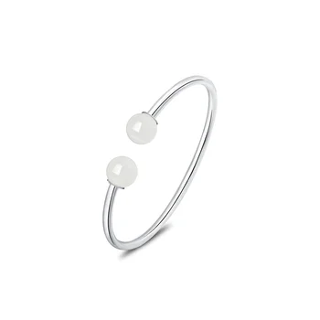 Firstmadam S925 Sterling Silver Natural White Jade Ladies Cuff Bangle