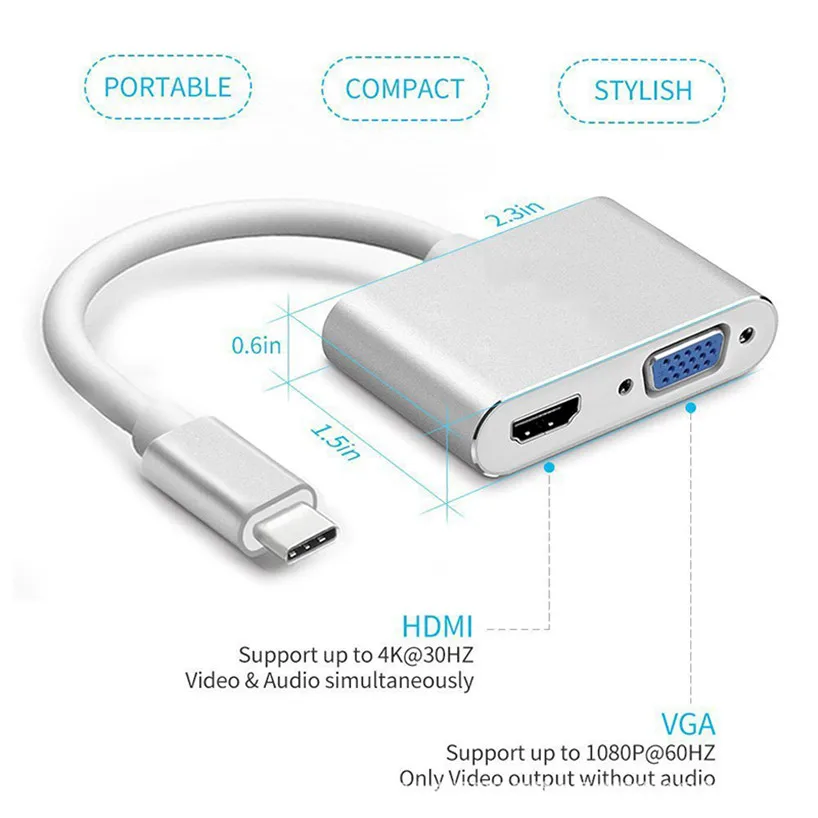4  2 in 1 USB C 3.1 HDMI VGA Adapter TYPE C Type-c to HDMI 4K VGA UHD Converter Adapter For Macbook Samaung  Huawei Google