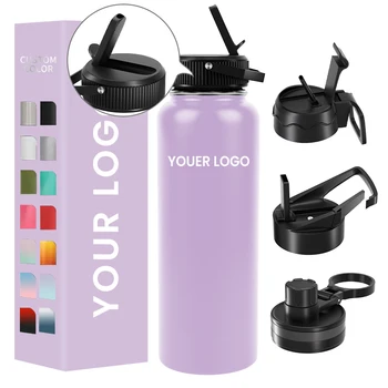 12 18 32 40 64oz Water Bottle with Logo Design Straw Lid BPA-Free Wide Mouth Gym Water Bottles Metal Straw Lid Replacement