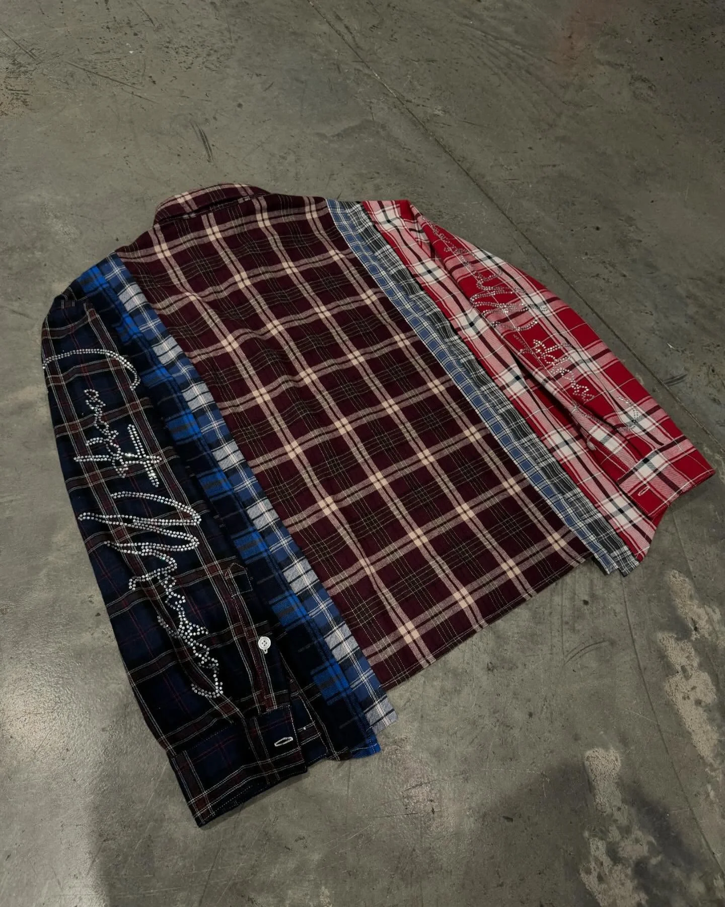 Salati Streetwear Vintage Men's T-shirt Color Block Longsleeve Rhinestone Button up Boxy Fit Plaid Flannel T Shirts With Diamond gallery 2