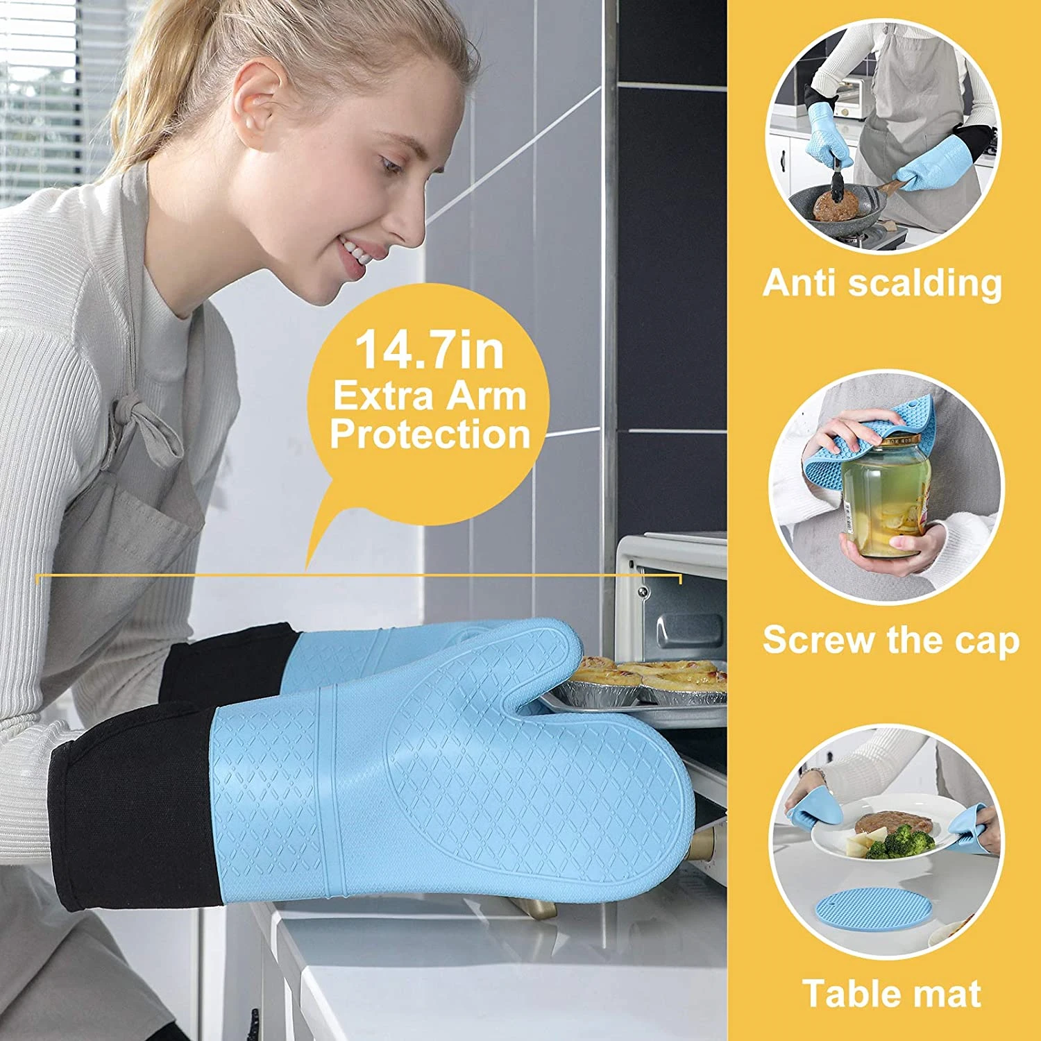 Silicone Oven Mitts Set Kitchen Heat Resistant Oven Gloves Silicone Gloves for BBQ & Baking