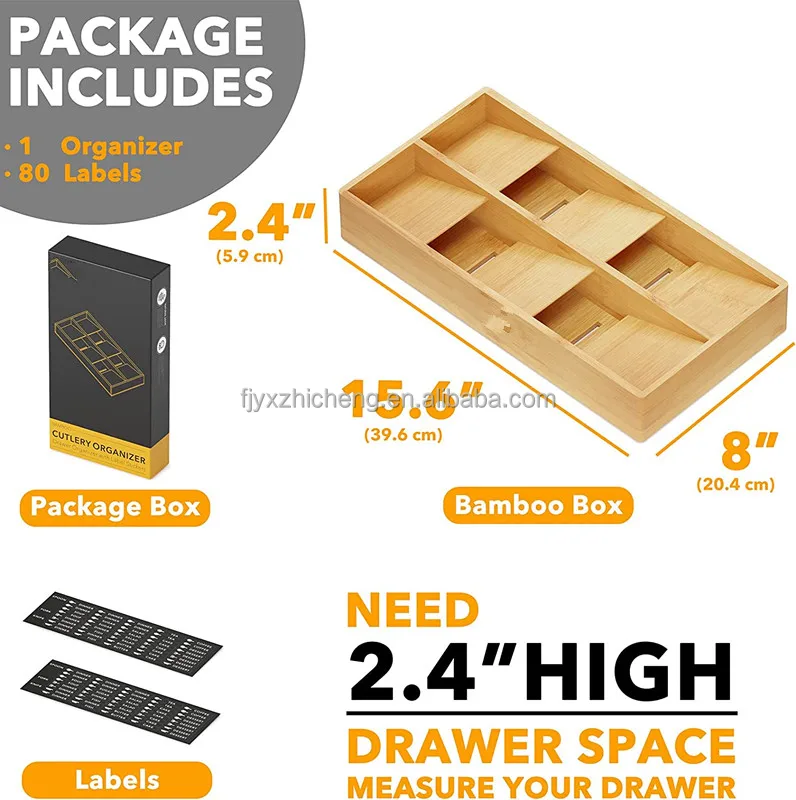 product 6 slots cbamboo silverware drawer organizer with labels kitchen utensil tray holder organizer for flatware cutlery-3
