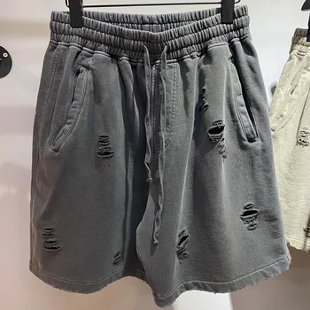 2025 Summer Sporty Custom Logo Cotton Shorts for Men Heavyweight French Terry Distressed Acid Wash Ripped  Shorts Men