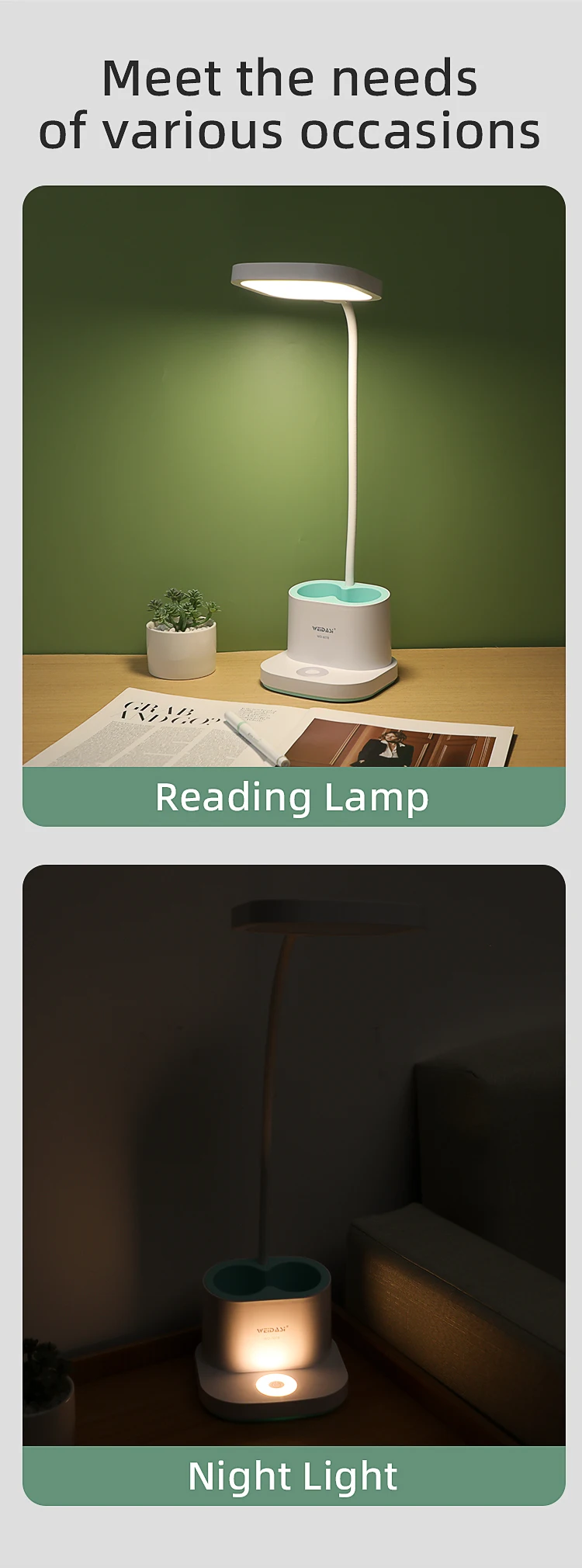 Bright Rechargeable Student Table Lamp Portable Plastic Led Bed Side Reading Desk Lamp with Pencil Holder and USB