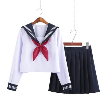 Japanese Girls School Uniforms Anime Cosplay Costume Navy Blue Pleated Skirt Sailor Uniform
