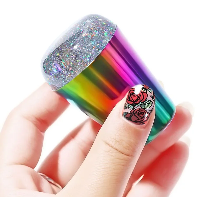 BIN Rainbow Handle Nail Stamper Shiny Holographic Head Silicone Stamper for Nail Art Stamping Plate