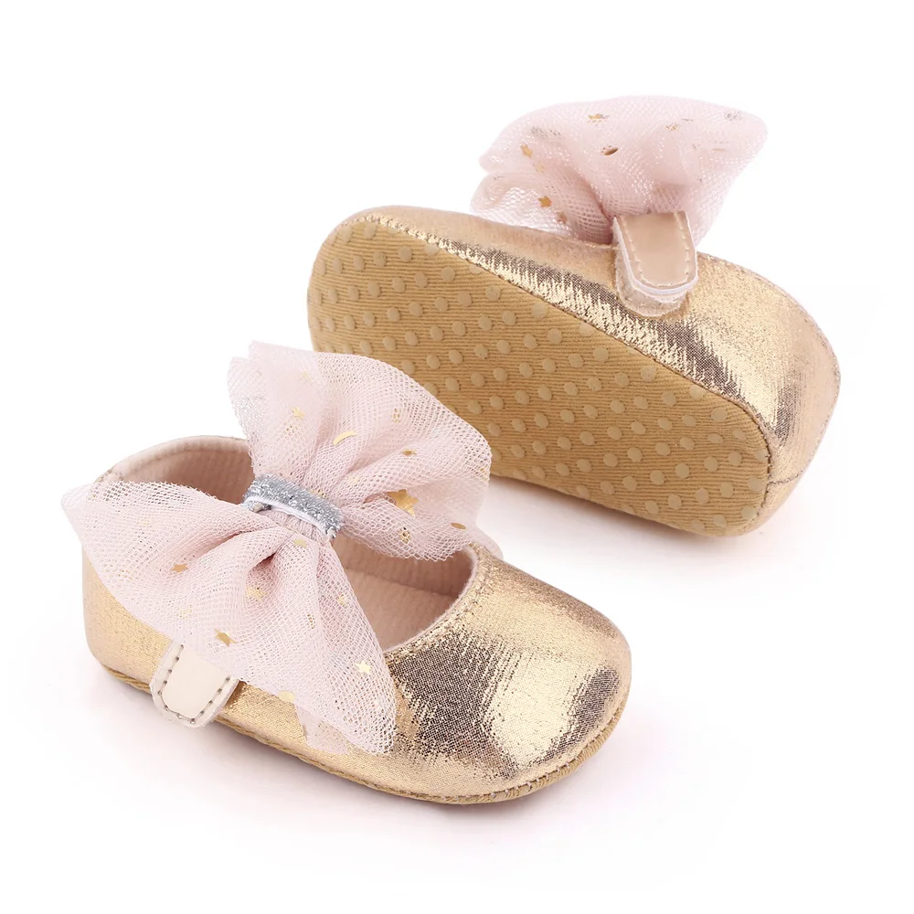 Mesh Big Bow Star Embellished Solid Color Sparkly Bright Baby Girls Princess Walking Shoes factory