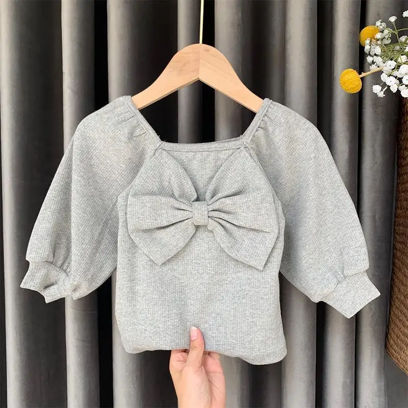 Lyc-3959 футболка с пышными рукавами для девочек Летняя Повседневная футболка в клетку с бантом детская одежда для девочек футболки Милая одежда для малышей