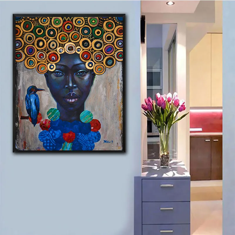 3 Panel Art Canvas Painting Nero e oro Donna africana Poster e stampe Immagini di arte della parete per la decorazione del soggiorno 40x60cm (16x24in) x3 con cornice