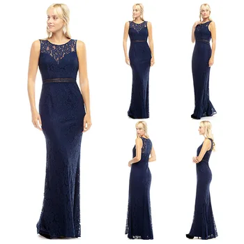 Latest design round collar lace hollow out navy blue bridesmaid dresses long