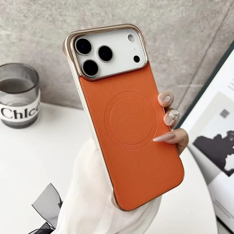 product laudtec luxury frameless magnetic leather cover for iphone 17 pro max 16 plus electroplating frame shockproof mobile phone case-4