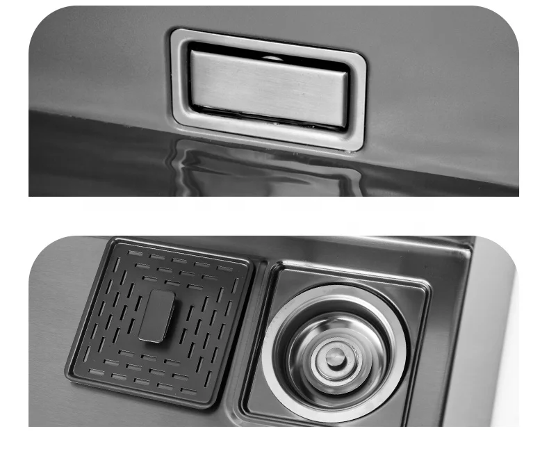 Modern Black 304 Stainless Steel Square Brushed Kitchen Sink Faucet Multifunction Waterfall Rainfall Single Bowl Set