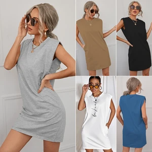 Custom Slogan Graphic Print Sleeveless Tee Dress Solid O-Neck Natural Waist Summer Casual Loose Fit Women Dress